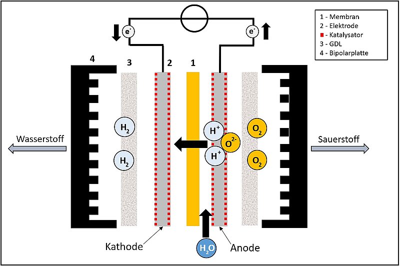 Grafik Funktionsweise PEM-Elektrolysezelle